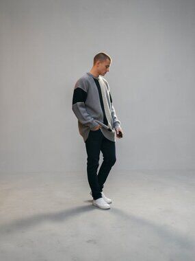 Sorogas Knitwear Men’s Vintage Ribbed Sweater -Grey Black Cream Stripe One size